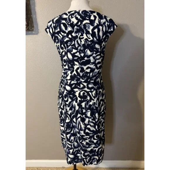 Ralph Lauren Dress 8 Stretch Sheath Blue Ivory Washable Knot Sleeveless NEW - Picture 7 of 13